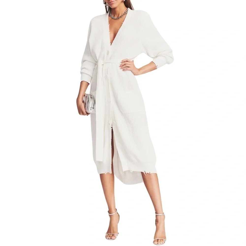 Ser.O.Ya Distressed Cardigan Sweater Maxi Dress Womens XS White Long Amanda Rib